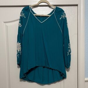 Sundance Teal Blouse with White Floral Details